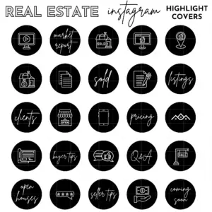 black real estate Instagram highlight cover icons, Real estate, realtor, realtor Instagram, real estate branding, real estate agent, real estate template, real estate posts, realtor template, realtor branding, real estate icons